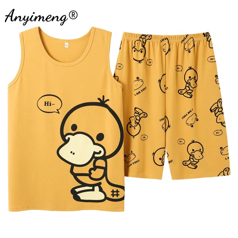 คู่แฟชั่นชุดนอนชุดการ์ตูนเป็ดพิมพ์ Kawaii ชุดนอนชายหนุ่มและหญิง Homewear นักเรียน Pijamas