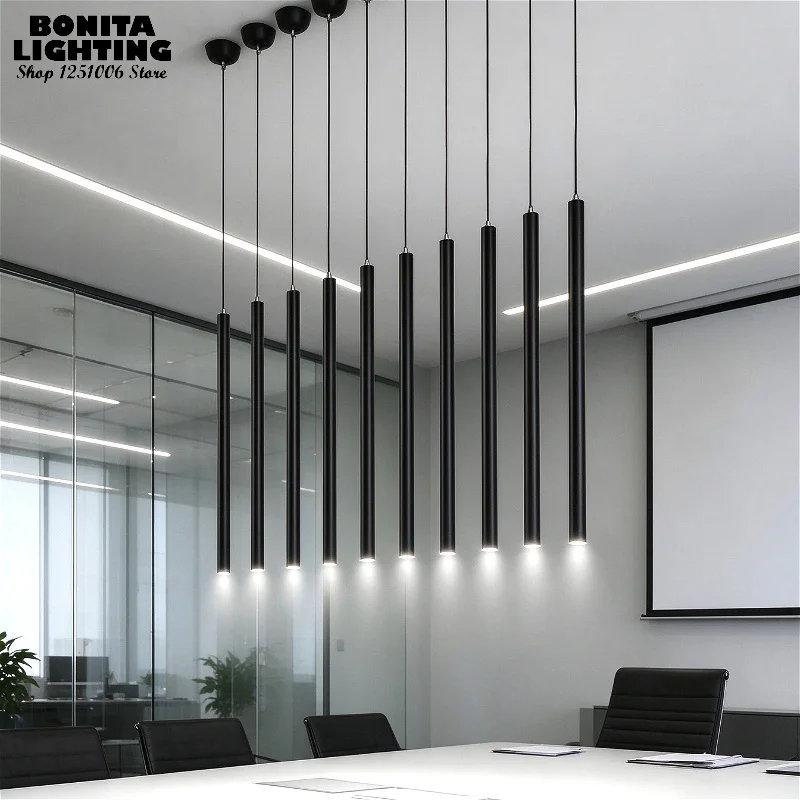 Modern Linear Tube Pendant Light Black Long Cylinder Hanging Lamp Multi-Tube Cluster Fixture for Office Restaurant Hotel Lobby
