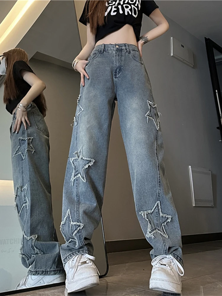 Fashion Women Star Jeans High Waist Patch Straight Denim Pants Spring Autumn Casual Loose Trousers Female Streetwear Jeans