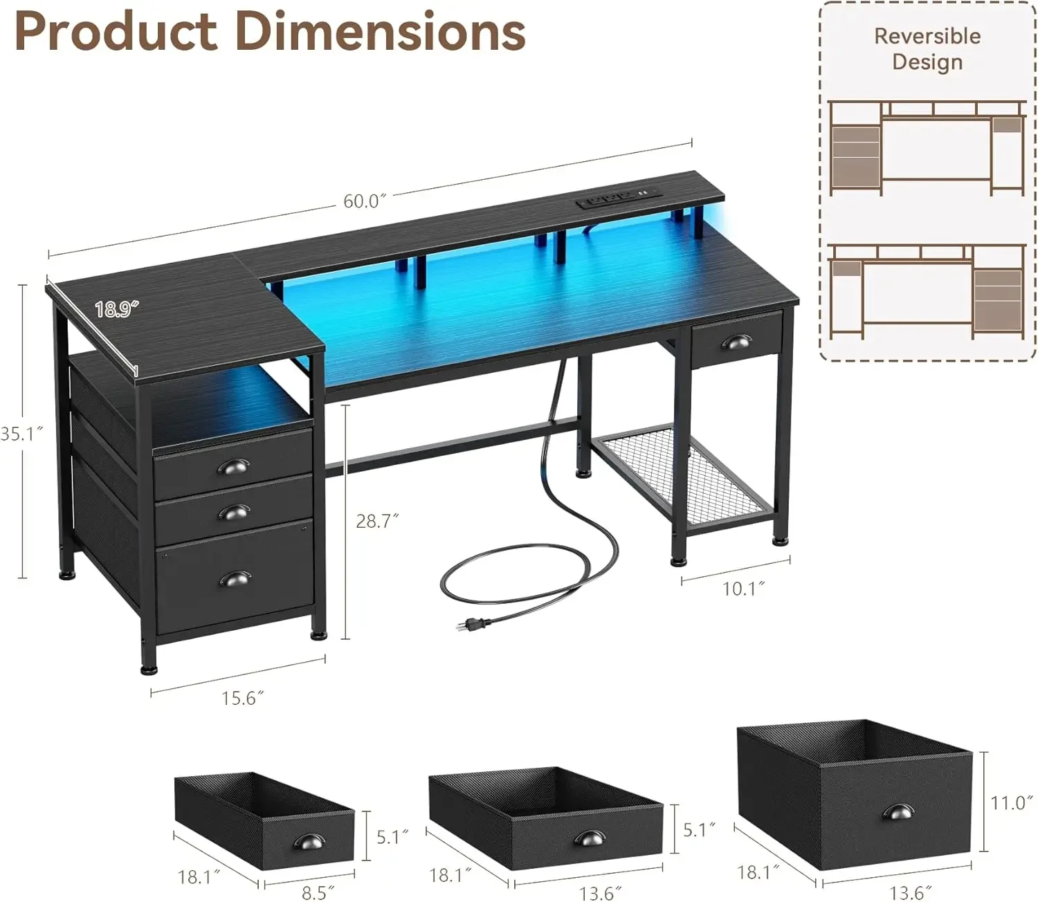 

Black Sixty Inch Computer Desk Four Drawers Printer Space Gaming Desk Led Lights Usb Power Outlets Home Office Desk Fabric File