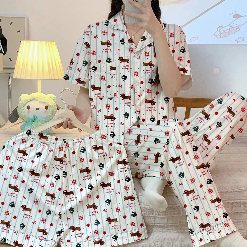 

Женские пижамы в полоску с рисунком собаки и буквенным принтом, новые летние кавайные короткие крутые комплекты, комплект из трех предметов, корейская милая милая домашняя одежда