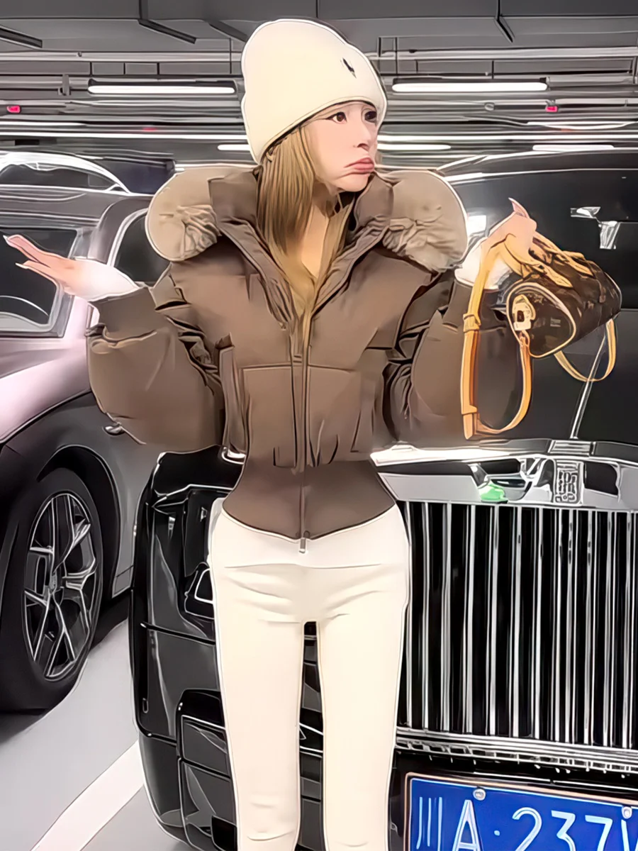 

Casual Sle Hooded down Jaet Women's ort Thiened Slimming Warm 90% White Du down Coat with Large Fur Collar