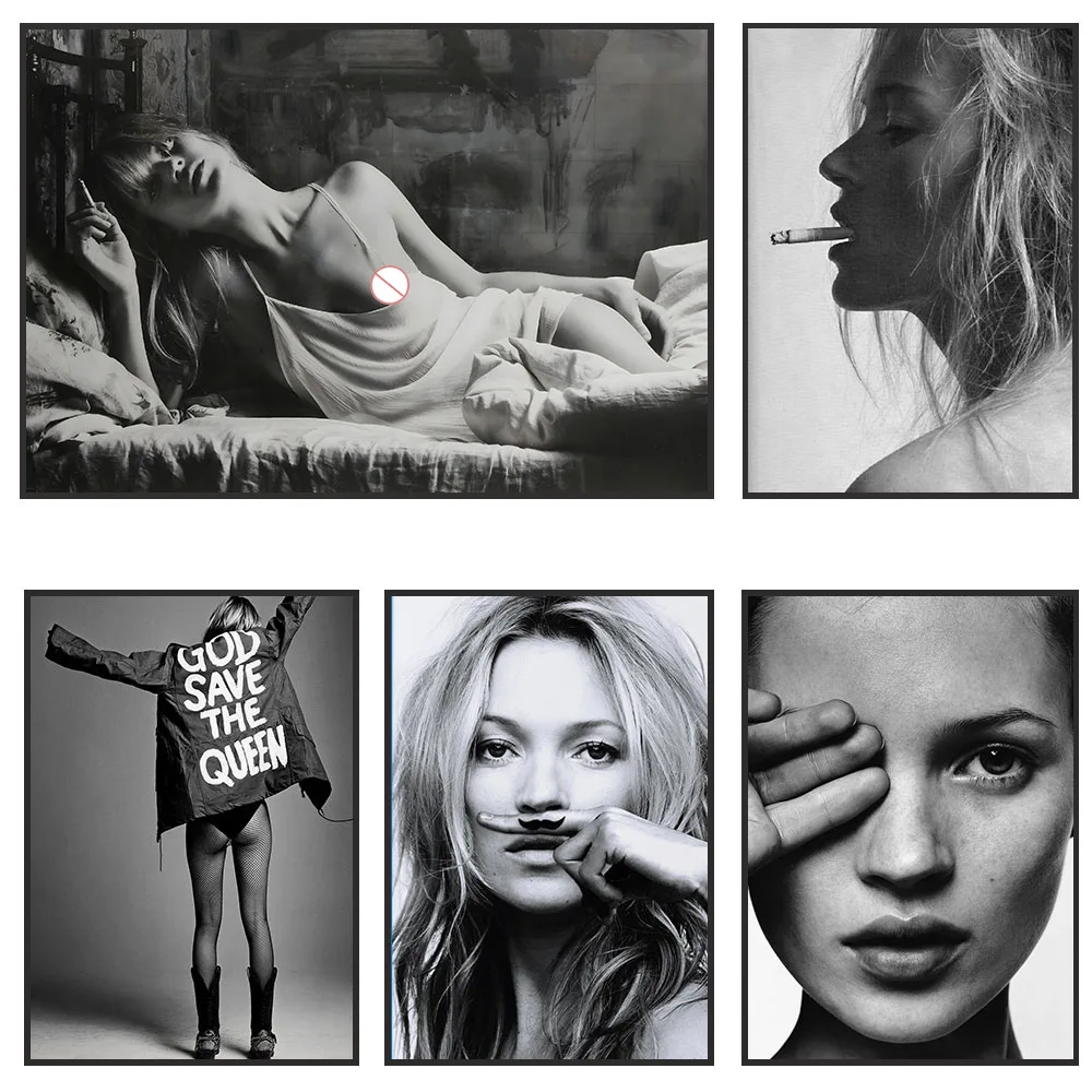 

Vintage Sexy Supermodel Kate Moss Poster, Smoking Canvas Painting, Print Wall Art, Female Fashion Wall Art Picture, Room Decor