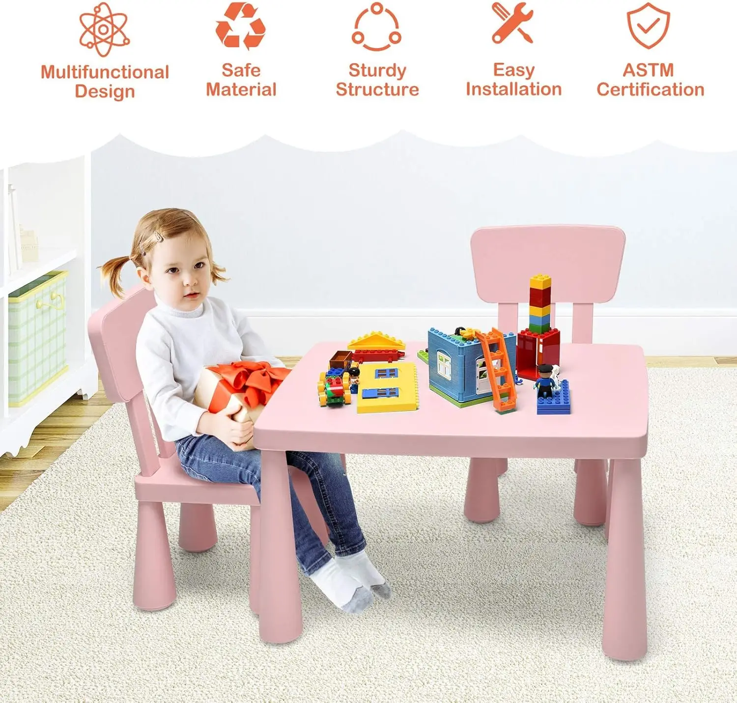 Chair Set For Toddler, 3 Piece Plastic Children Activity Table for Reading, Drawing, Snack Time, Arts Crafts, Preschool, Kinderg