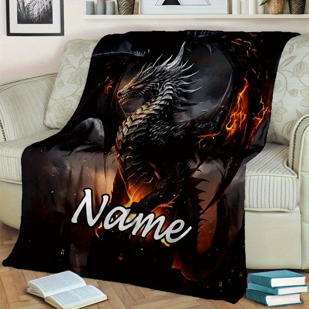 قطعة واحدة من بطانية التنين الخيالية ذات الاسم المخصص، رمي الفانيلا الدافئ الناعم للسرير والأريكة والمكتب، هدية مثالية لعيد الميلاد وأعياد الميلاد