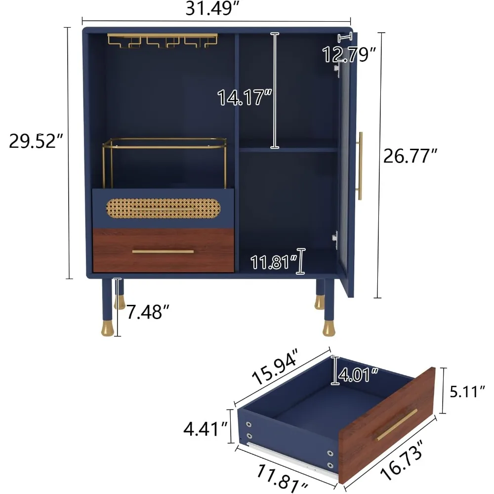Modern Coffee Bar Cabinet with Wine Glass Rack and Drawers, Blue Liquor Storage Cabinet for Kitchen, Pull-Out Wine Storage Solut