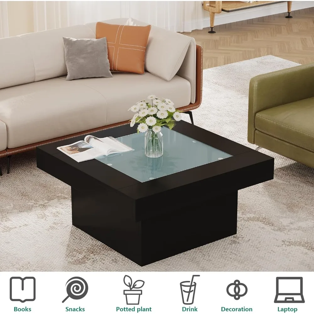 Square Coffee Table with LED Lights, 35.4 Coffee Tables for Living Room, Tempered Glass-top Coffee Table, Black Modern Center
