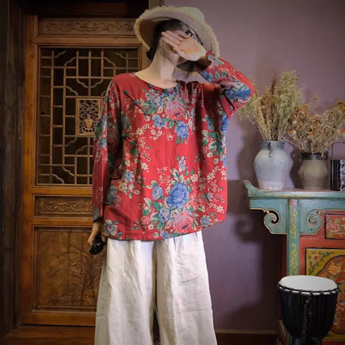 

Women Spring Summer Casual Boho Floral print Blouse Shirts Long Sleeve pure cotton Round Neck Retro Frog Button Side-open Tops