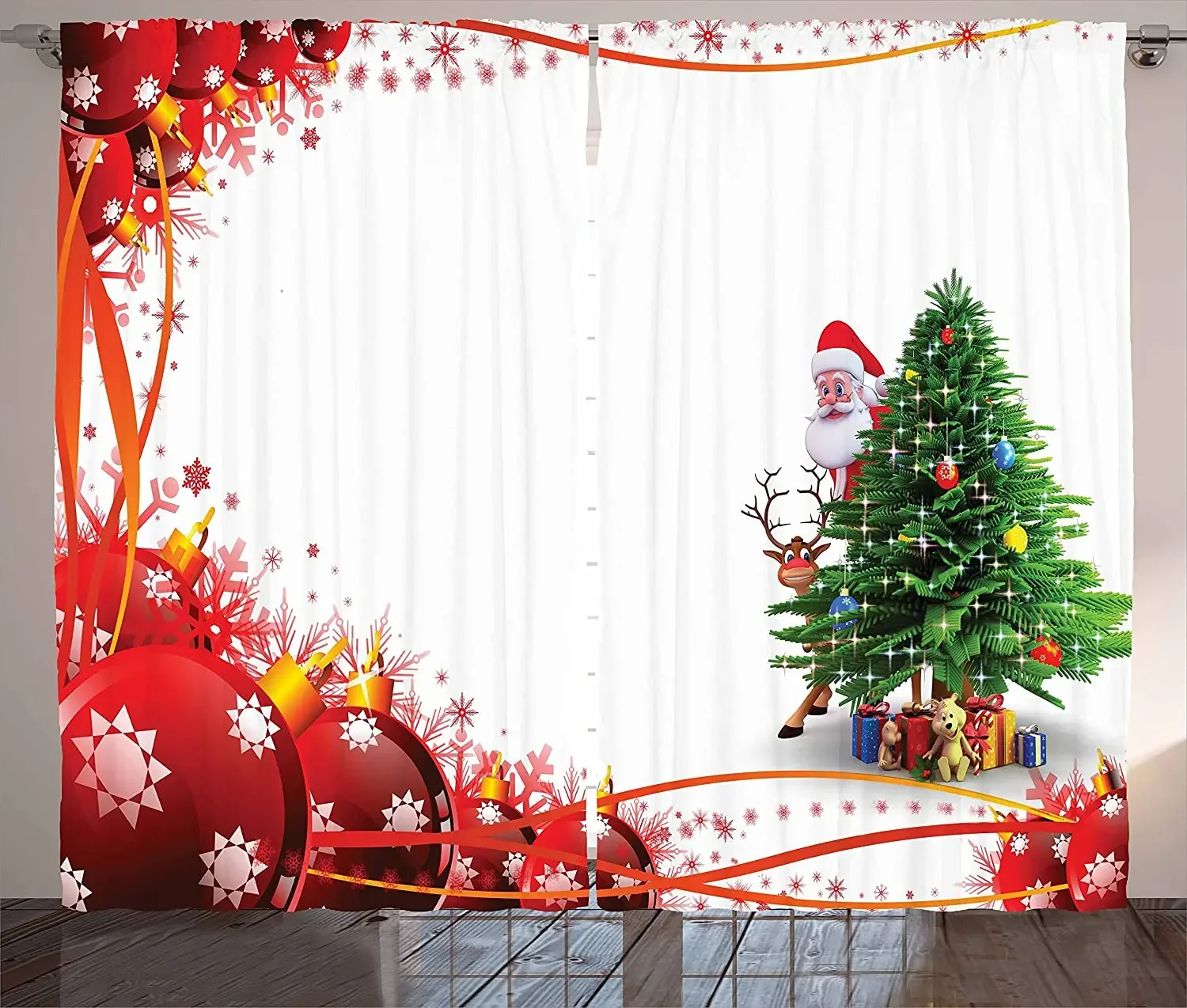 Santa Blackout Curtains Father Christmas and Reindeer Smiling Behind a Festive Pine Tree in Red Balls Frame Window Curtain