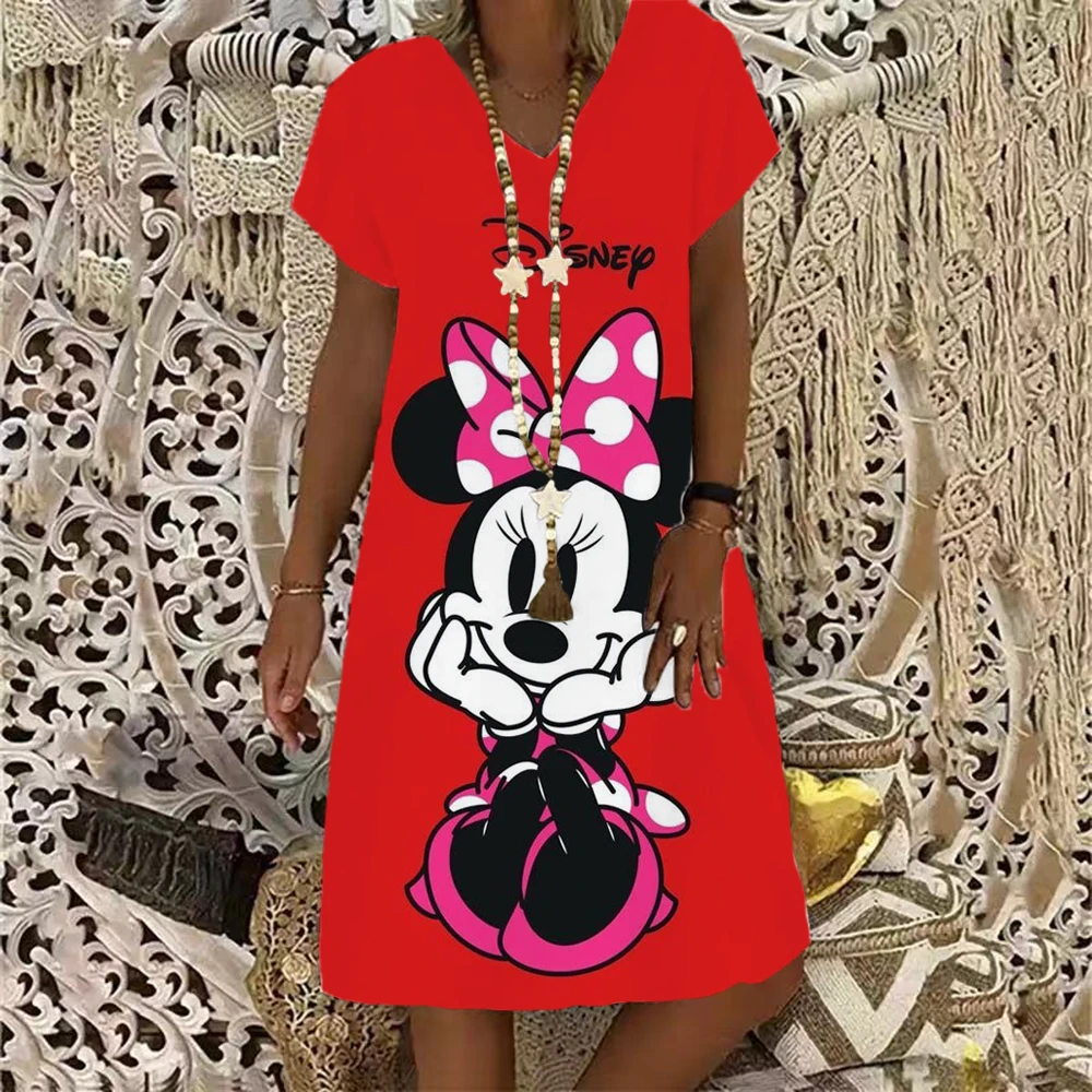 

Elegant and Fashionable Women's Dress Summer Disney Minnie Mouse 2024 Street Clothing Short sleeved V-neck Slim Fit Midi Dress