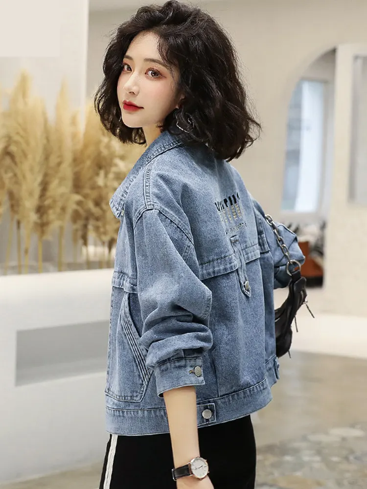 Fashionable Loose Women's Denim Jacket Spring Autumn 2026 European Style Retro Top Button Embroidered Pocket Diamond Embellished