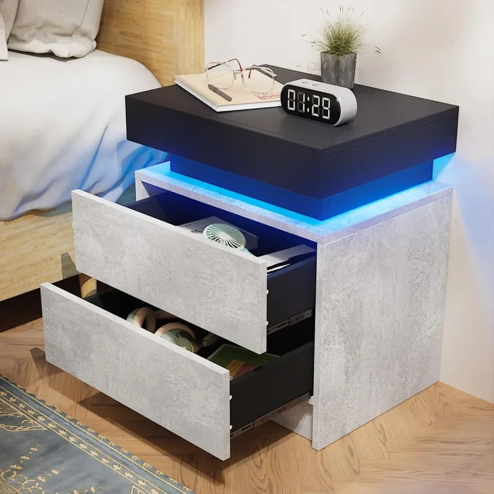 LED Nightstand Grey Matte Nightstand with Led Lights Modern Night Stand with 2 Drawers Led Bedside Table Smart Nightstand