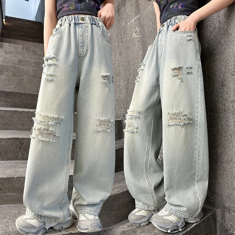 Street Style Children Loose Straight Ripped Jeans with Holes on the Knees for Girls Fashion Broken Denim Pants Destroy Trousers