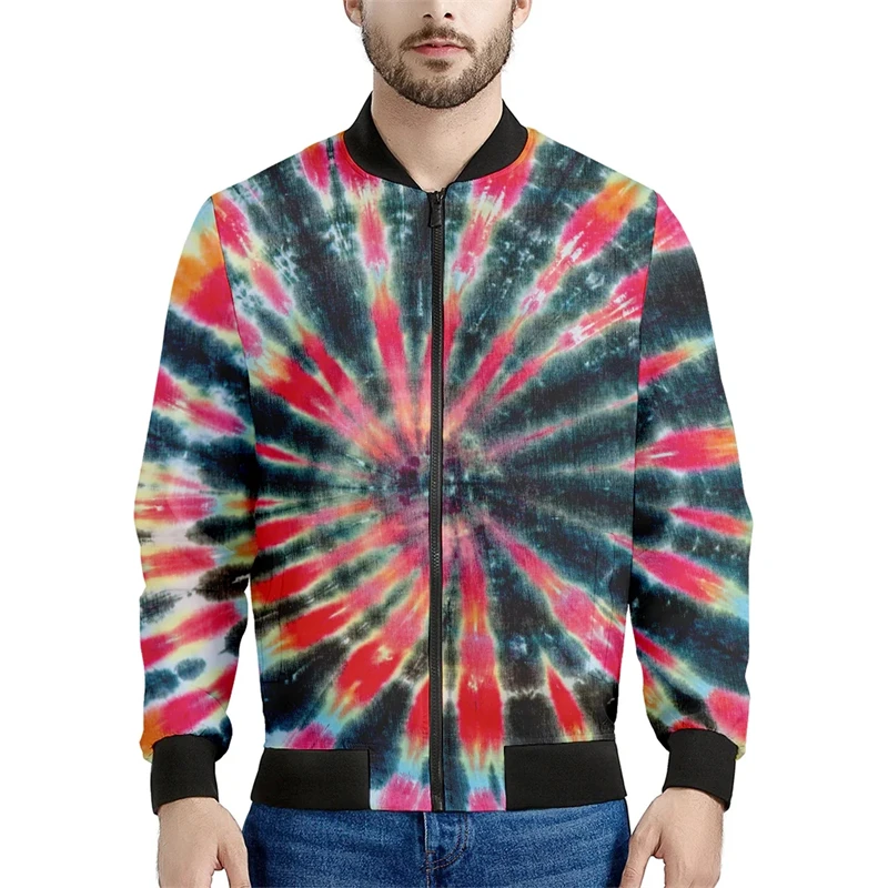 Tie Dye Rainbow Print Colorful Mens Bomber Jackets 2024 Newest Harajuku Men Women Flight Jacket Coat Stand Collar Oversized Tops