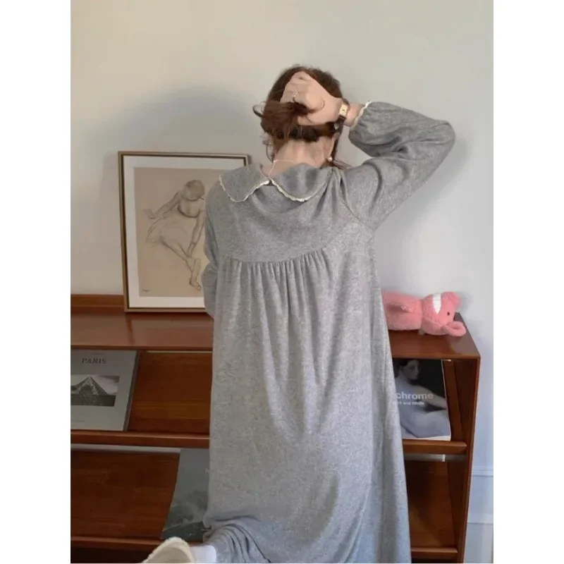 Women Gray Long Sleeve Nightgowns Casual Spring Autumn Loose Nightdress Full Length Elegant Ladies Sleepwear Fashion Loungewear