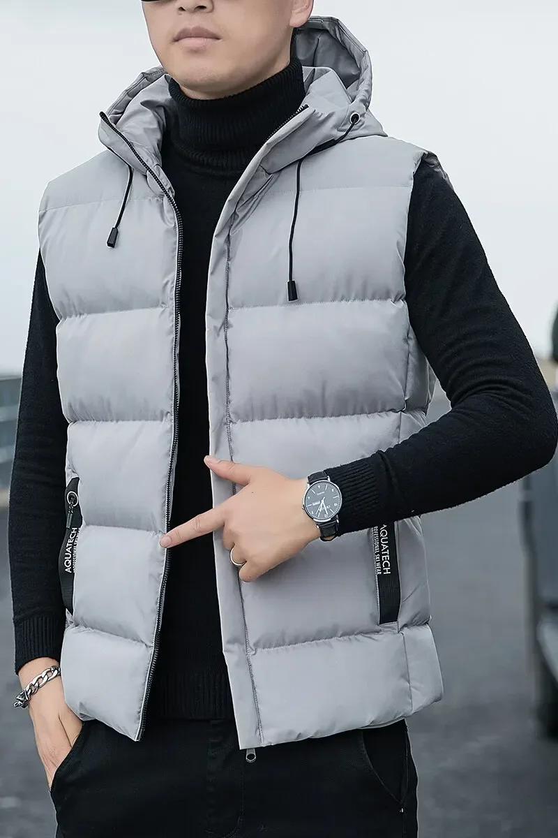 Men\'s Loose Casual Jacket Sleeveless Zipper Down Vest Male Solid Color Autumn Winter Warm Vests Mens Stand-up Collar Oversize