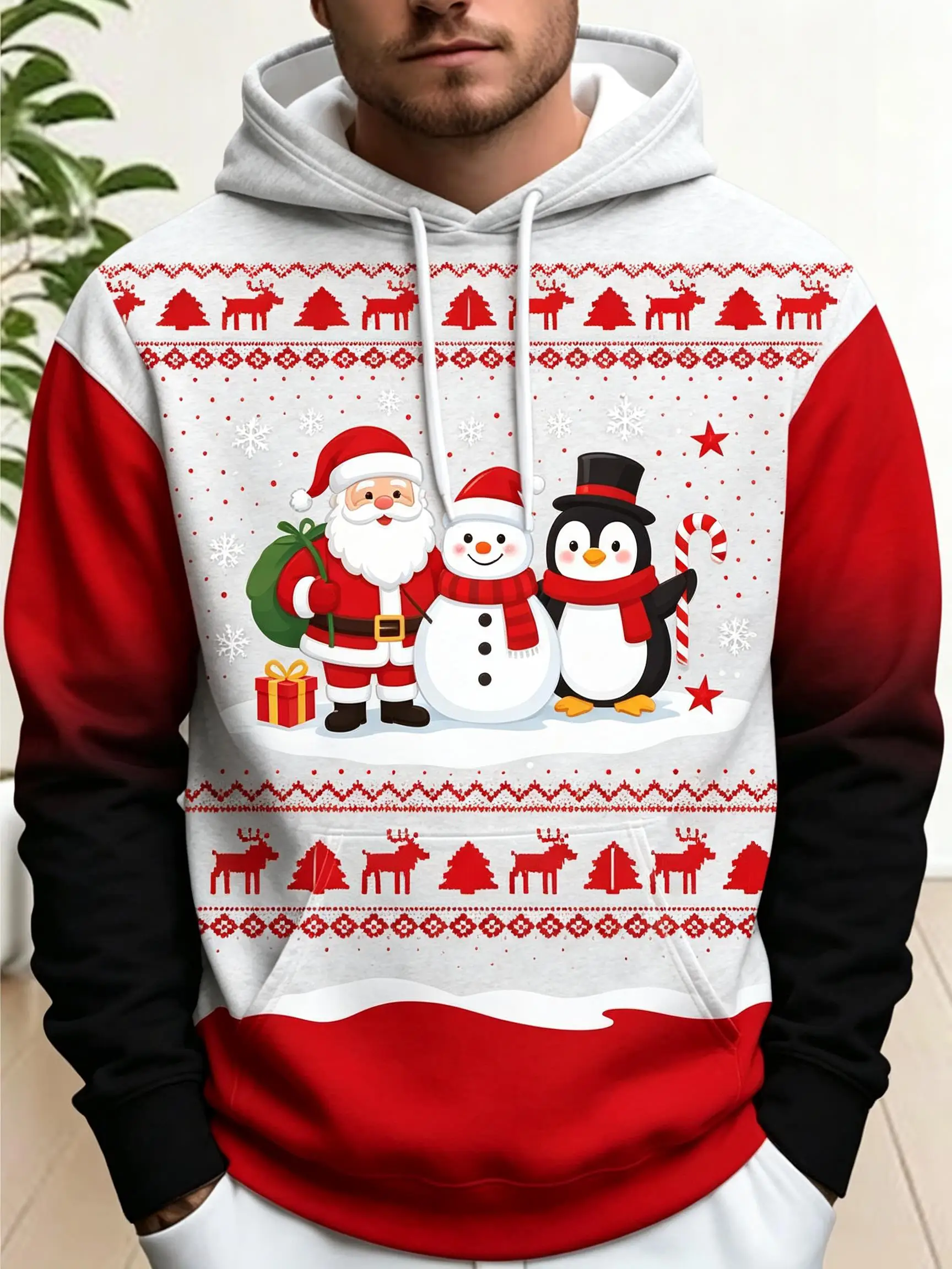 2026 Men Thin Sweatshirt Autumn Winter Hoodie Xmas Santa Snowman Penguin Graphic Print Long Sleeve Male Tops Men's Clothes