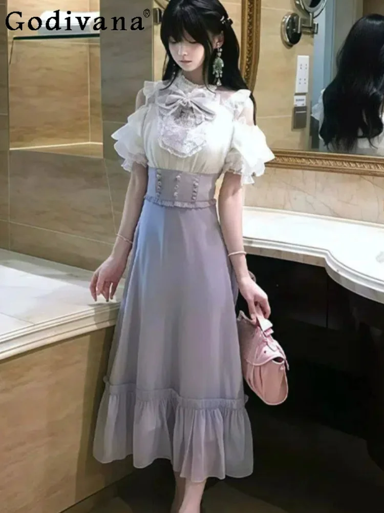 Sweet Print Bow Off Shoulder Lace Ruffles Short Sleeve Japanese Dress Fashion High Waist Age Reduction Lolita Princess Dresses
