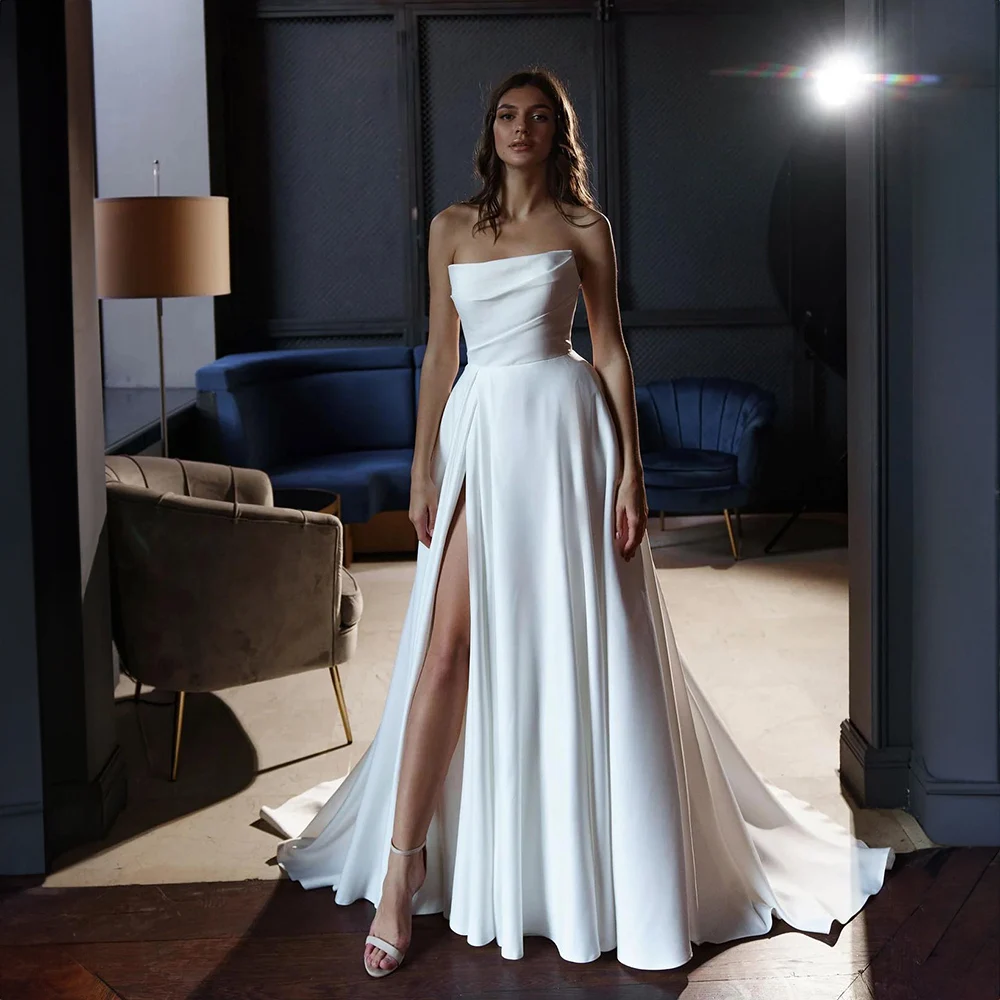 

Simple Strapless Pleated Satin Wedding Dress for Women Side Split A-line Court Wedding Party Gowns vestidos novias boda