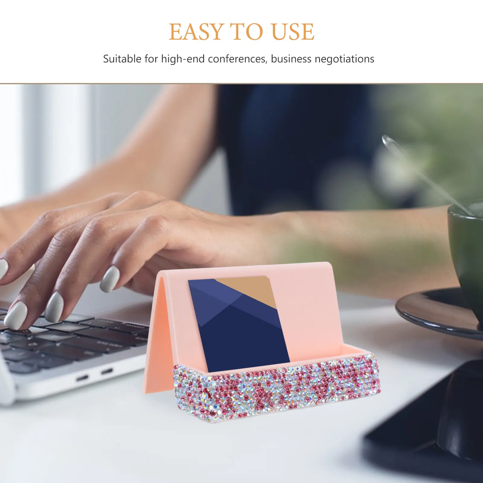 Pink Rhinestones Crystal Business Card Holder Desktop Desk Display Stand Office Business Cards Organizer Elegant Holder