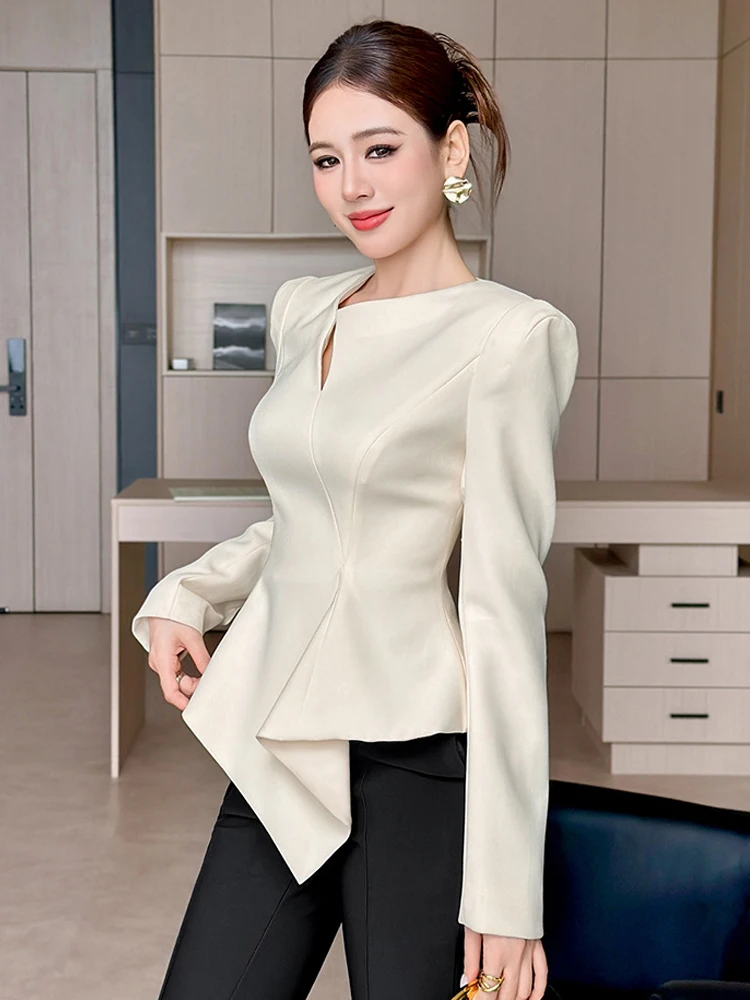 Straße Kleidung Frauen Formelle Anlässe Rüschen Hemd Elegante Dame Mujer Oansatz Hohl Tops Asymmetrische Bluse Mode Frühling Autum