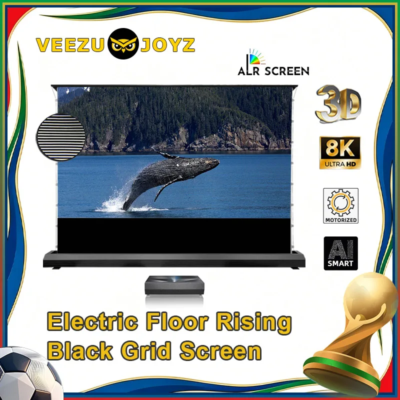 

Electric Floor Rising ALR UST Projection Screen Black Grid Tab Tension 150 Ambient Light Rejecting for UST/Laser Projector 3D 8K