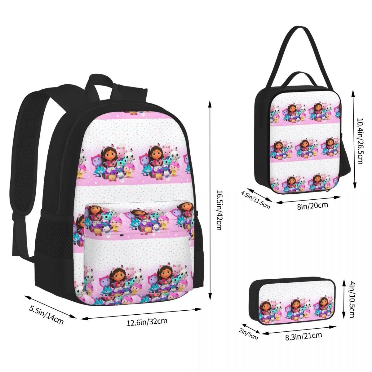 Gabbys Dollhouse Nordic Gabby Cat Pandy Paws Backpacks Students Bookbag School Bags Rucksack Lunch Bag Pen Bag Three-Piece Set