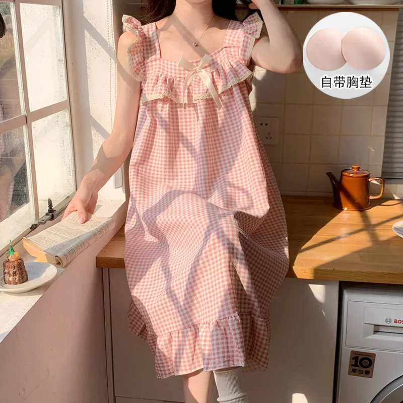 2XL Japanese Korean Style Plaid Pajamas Women Summer Sleeveless Nightdress with Chest Pad Floral Grid Nightgown Loose Loungewear