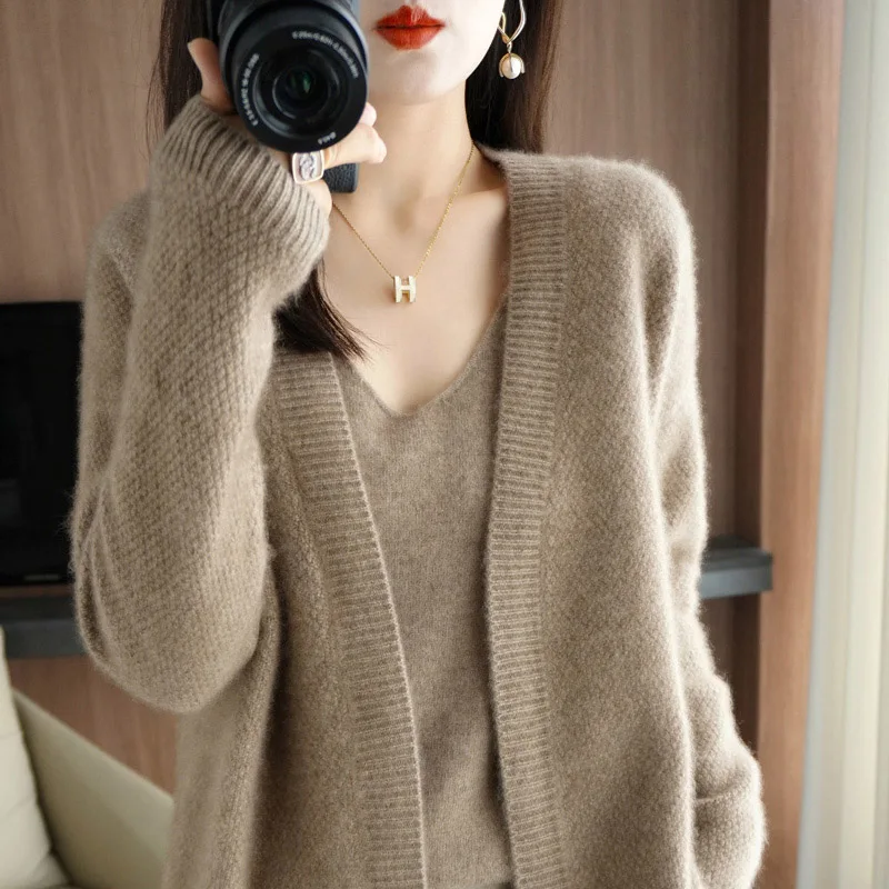 Reine Farbe Camere Strickjacke Lange Sve V-Ne Lose Lässige Vielseitige frauen Herbst Winter Faionable Pullover Set