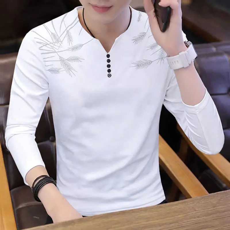 Fashion V-Neck Button Printed Korean T-Shirts Mens Clothing 2024 Spring Summer New Loose Casual Tops All-match Tee Shirt