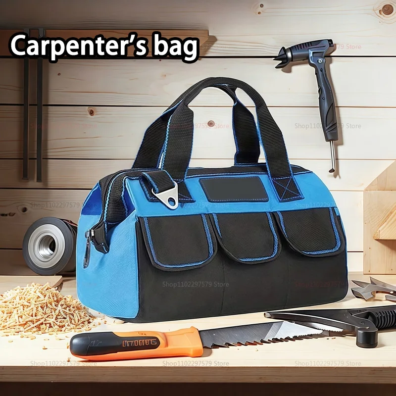 1pc Canvas Tool Bag - Multi-Pocket Organizer for Electricians/Workshop | Reinforced Handles & Shoulder Strap, Black & Navy