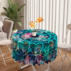 1 Piece Colorful Mandala Circular Tablecloth Waterproof Dining Table Cover Multi-purpose 63 inch Blue-green Tablecloh