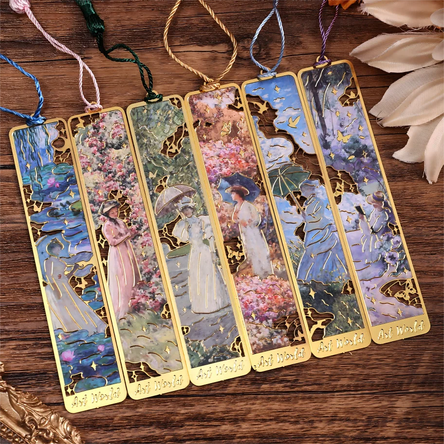 6Pcs Vintage Metal Bookmarks, Oil Painting Art Theme, Elegant Floral Maiden Design, Classic Artistic Book Markers