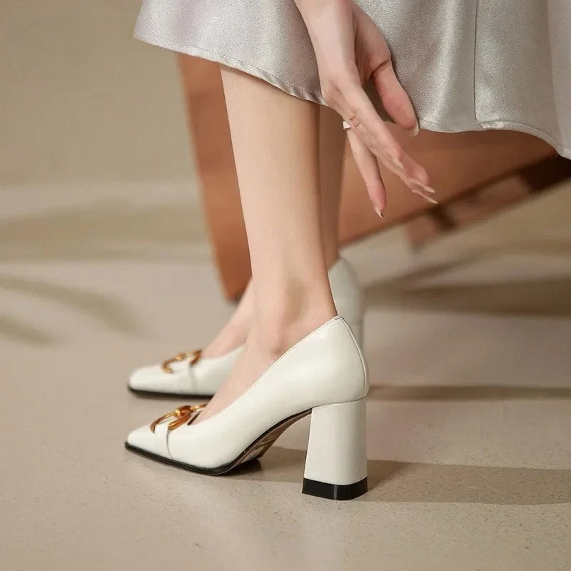 Spring Women Pumps Square Buckle Shallow Square Head Versatile Patent Leather Single Shoes Medium Thick Heels Retro Laides Shoes