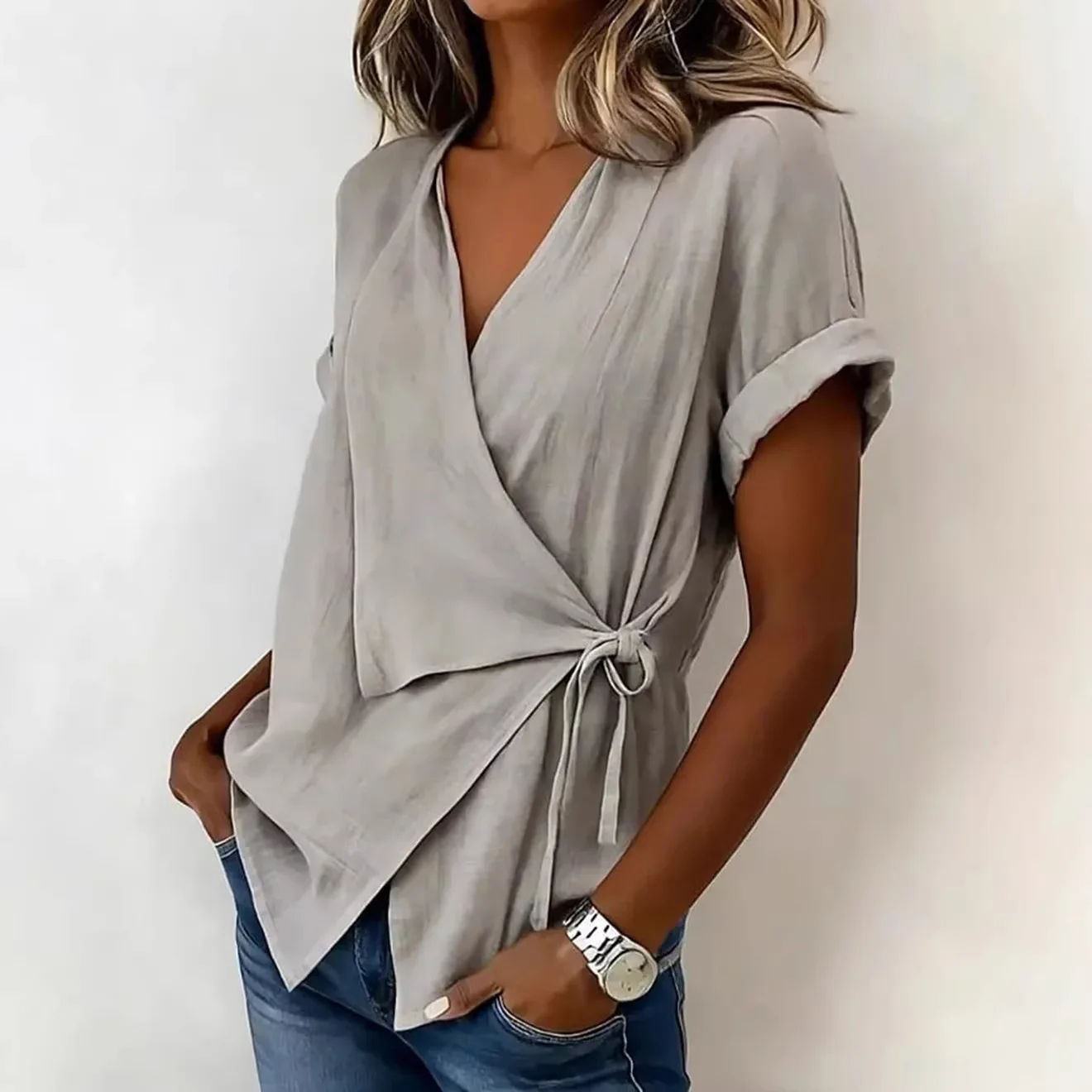 2026 Spring and Summer Cross-border European and American New Style Casual Solid Color Stand-up Collar Tie-up Asymmetrical Loose image 3