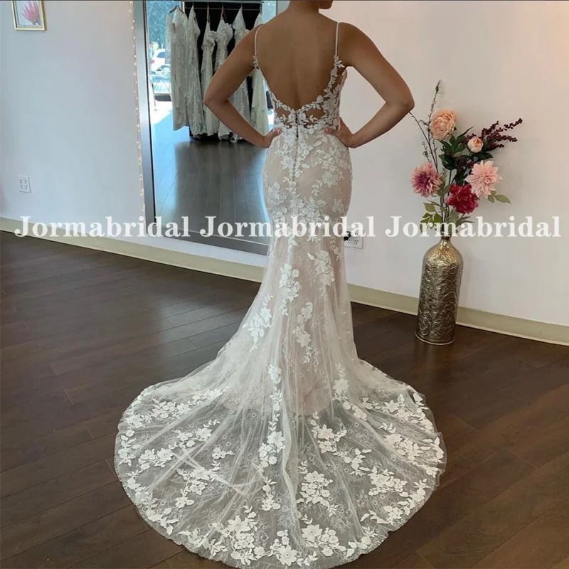 Light Champane Lace Wedding Dresses Spaghetti Straps Floral Appliques Open Back Mermaid Bridal Gowns vestidos novia Customized