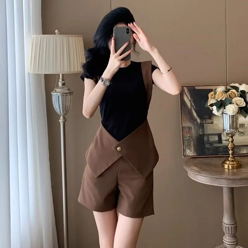 

Fashion Splicing Color Slim Women's Short Sets 2 Pieces Stylish Korean Style Tailor Female Shorts New Products Light Classic Kit