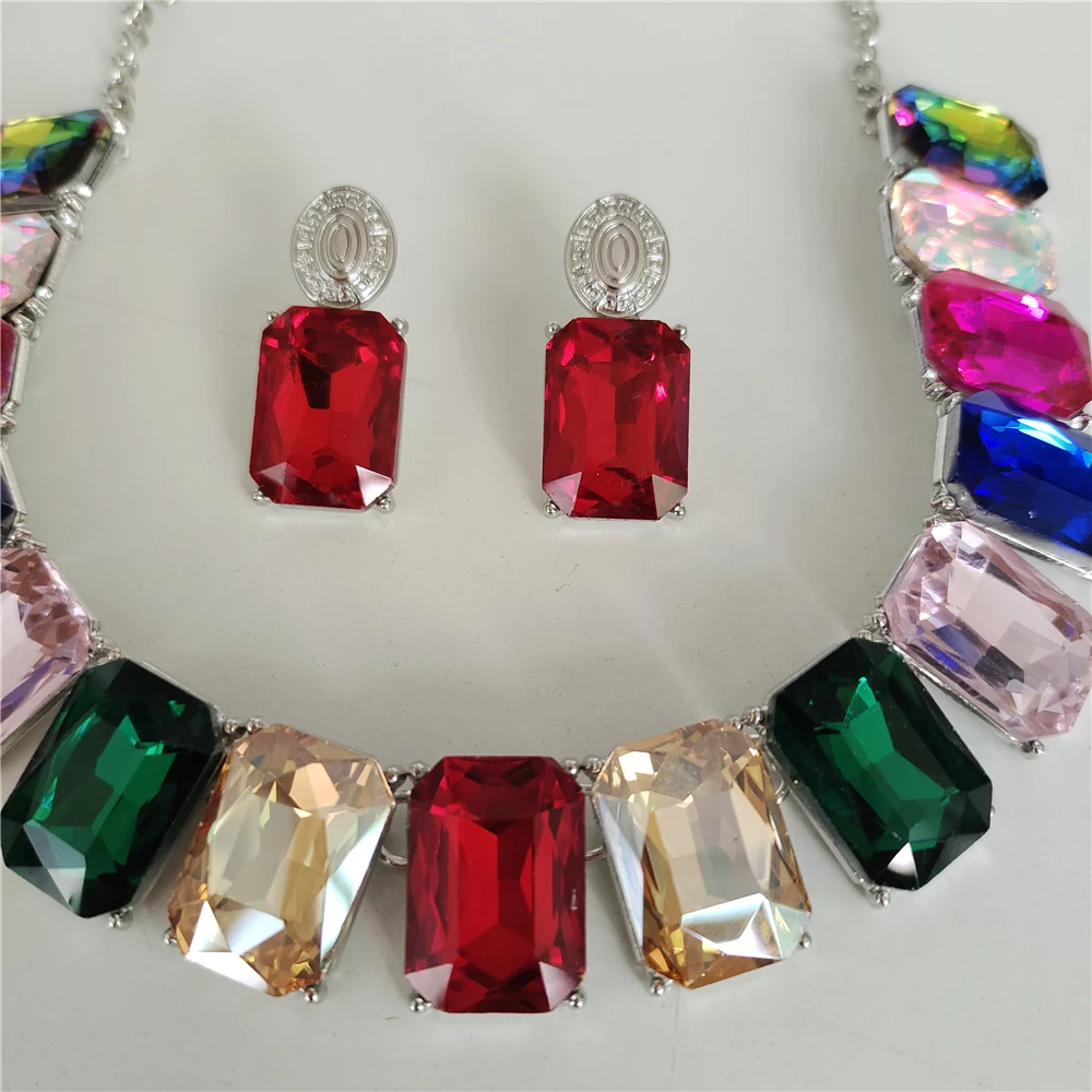 2026 New Fashion Gray Square Glass Crystal Choker Necklace Earrings Women Jewelry Sets Korean Statement Large Collar Necklace