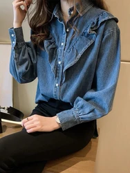 Korean Fashion Ruffle Denim Blouse Women Elegant Lapel Design Oversize Jean Shirts Spring Autumn Single-Breasted Cowboy Tops