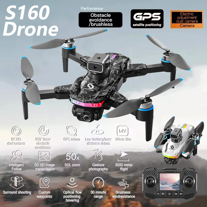 S160 Drone Professional with 8K HD Camera Screen Shows Aerial UAV Photography 360° Obstacle Avoidance Foldable Adults Toys Gifts