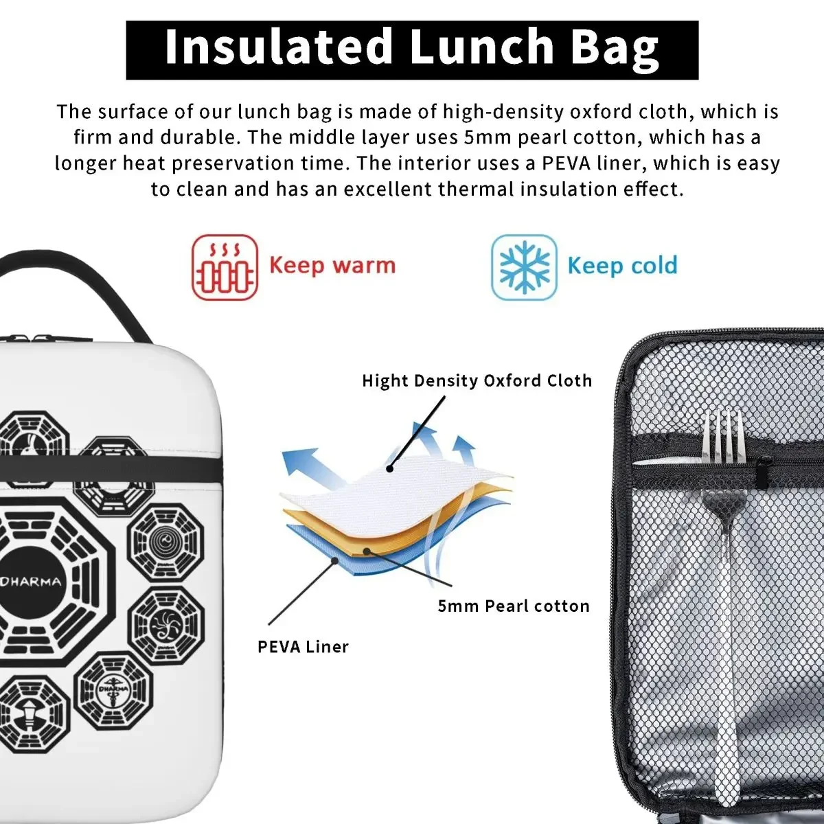 DHARMA Initiative Insulated Lunch Bag Portable 1977 Tv Show Lost Reusable Thermal Bag Tote Lunch Box College Outdoor Bento Pouch