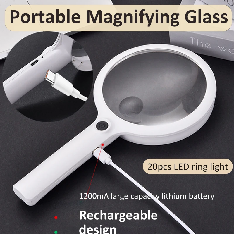 Handheld Magnifier 40/30/20X Rechargeable Illuminated Magnifying Glass with 3 Light Modes Portable Magnifier for Reading Repair