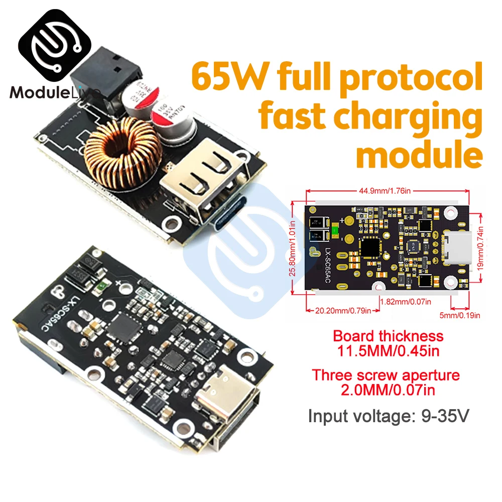 DC 9V-35V 65W Full Protocol Mobile Phone Fast Charging Module DC 12V 24V Charger Module Supports QC4.0 PD2.0/3.0/PPS with Case