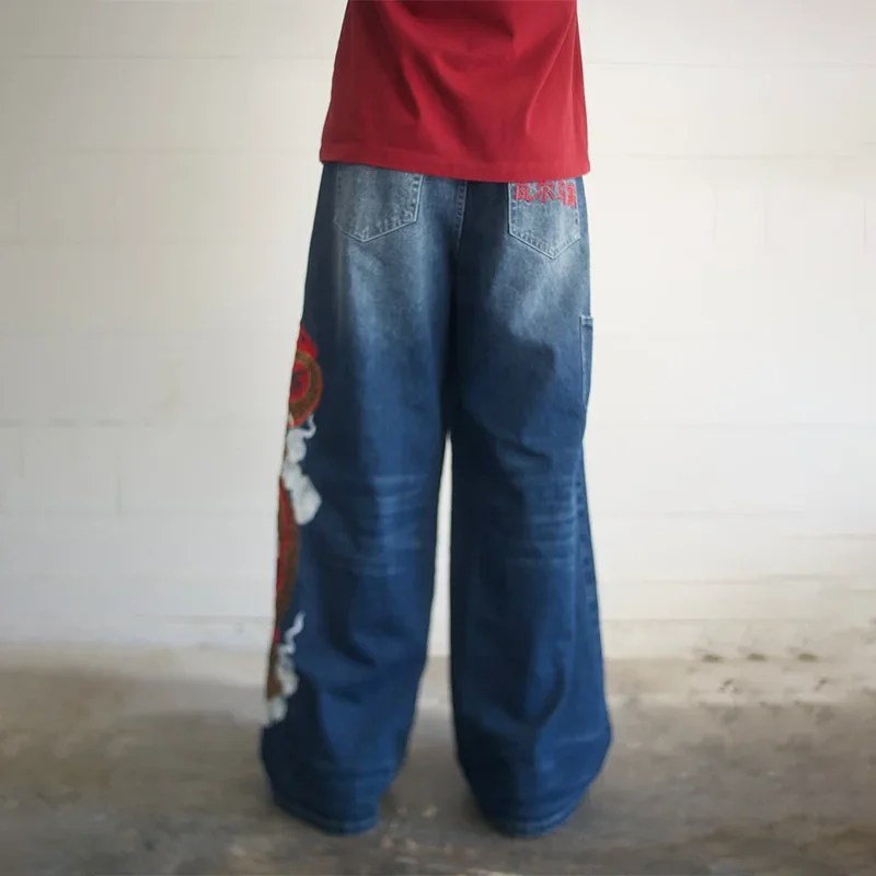 Celana Jeans Baggy Biru Vintage Y2K Bordir Loong Cina Gaya Harajuku Hip Hop High Street Ripple Wash Unisex Model Lurus
