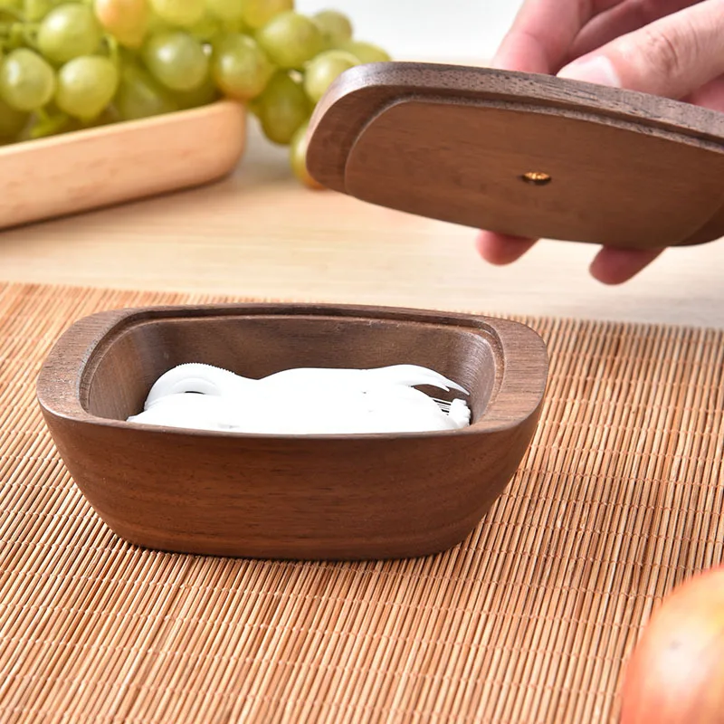 Dental Floss Storage Box Walnut Wood Multi Functional Tabletop Organizer Toothpicks Cotton Swabs Luxury Brass Knob Home Decor