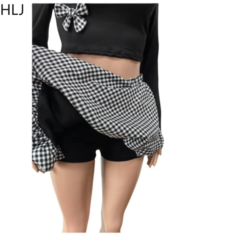 HLJ Spring New Sweet Bow Plaid Puffy Mini Skirts Two Piece Sets Women Round Neck Long Sleeve Slim Crop Top And Skirts Outfits