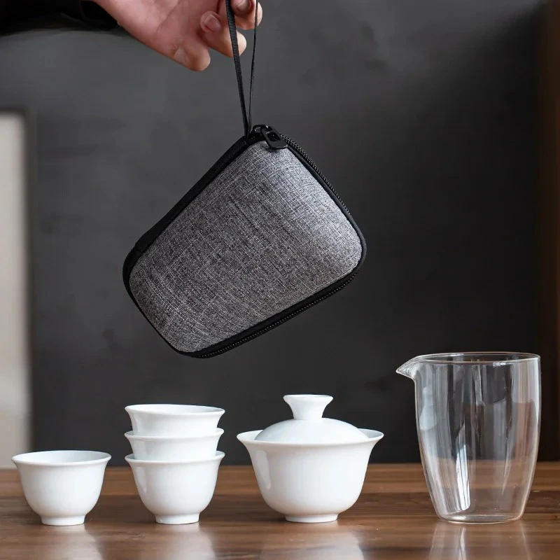 

White Porcelain Travel Portable Tea Sets Ceramic Gaiwan Teacup Quick Cup Set Household Tea Pot and Cup Set Chinese Teaware