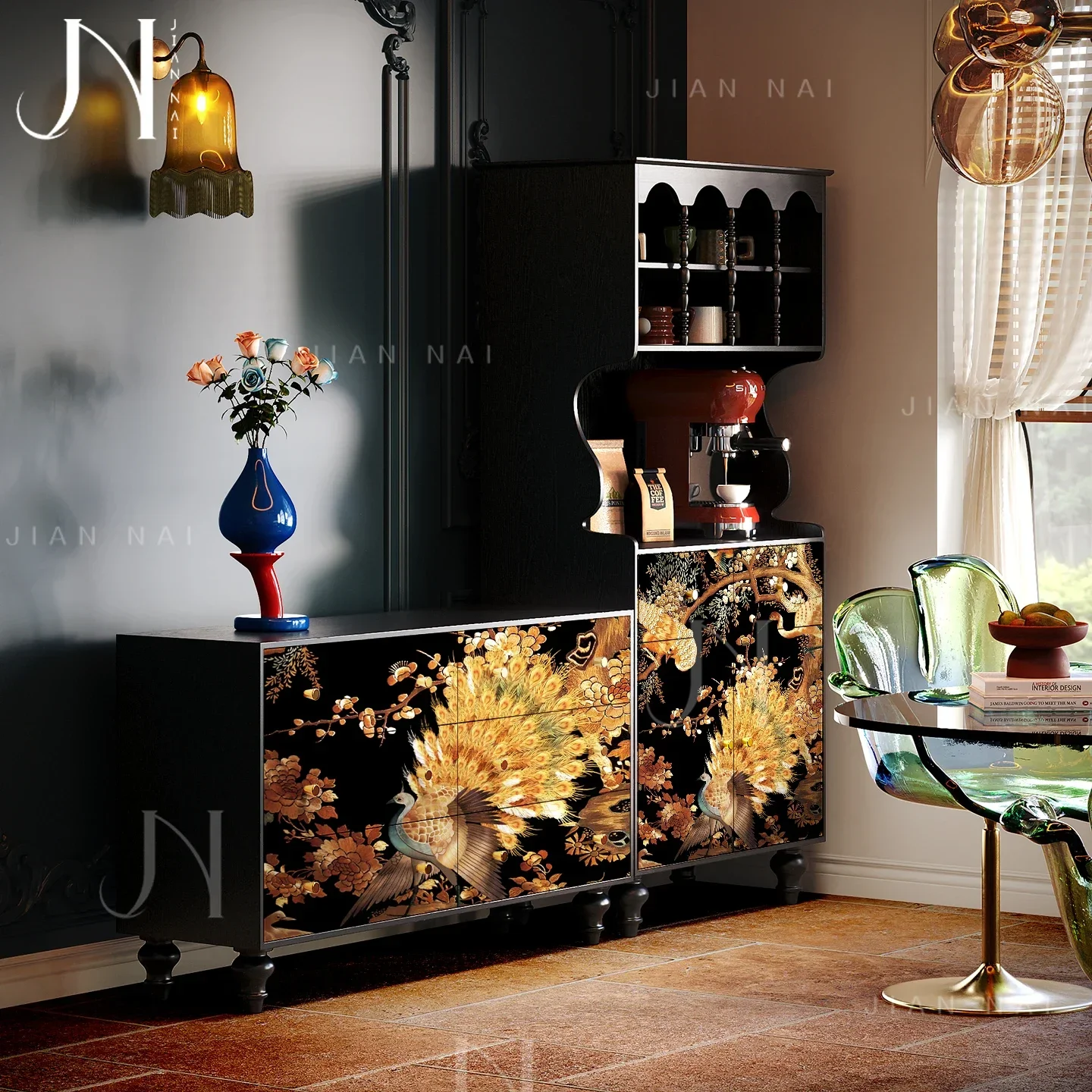

TAOFrench Chinese style solid wood dining wine cabinet, golden peacock coffee cabinet, living room against the wall tea