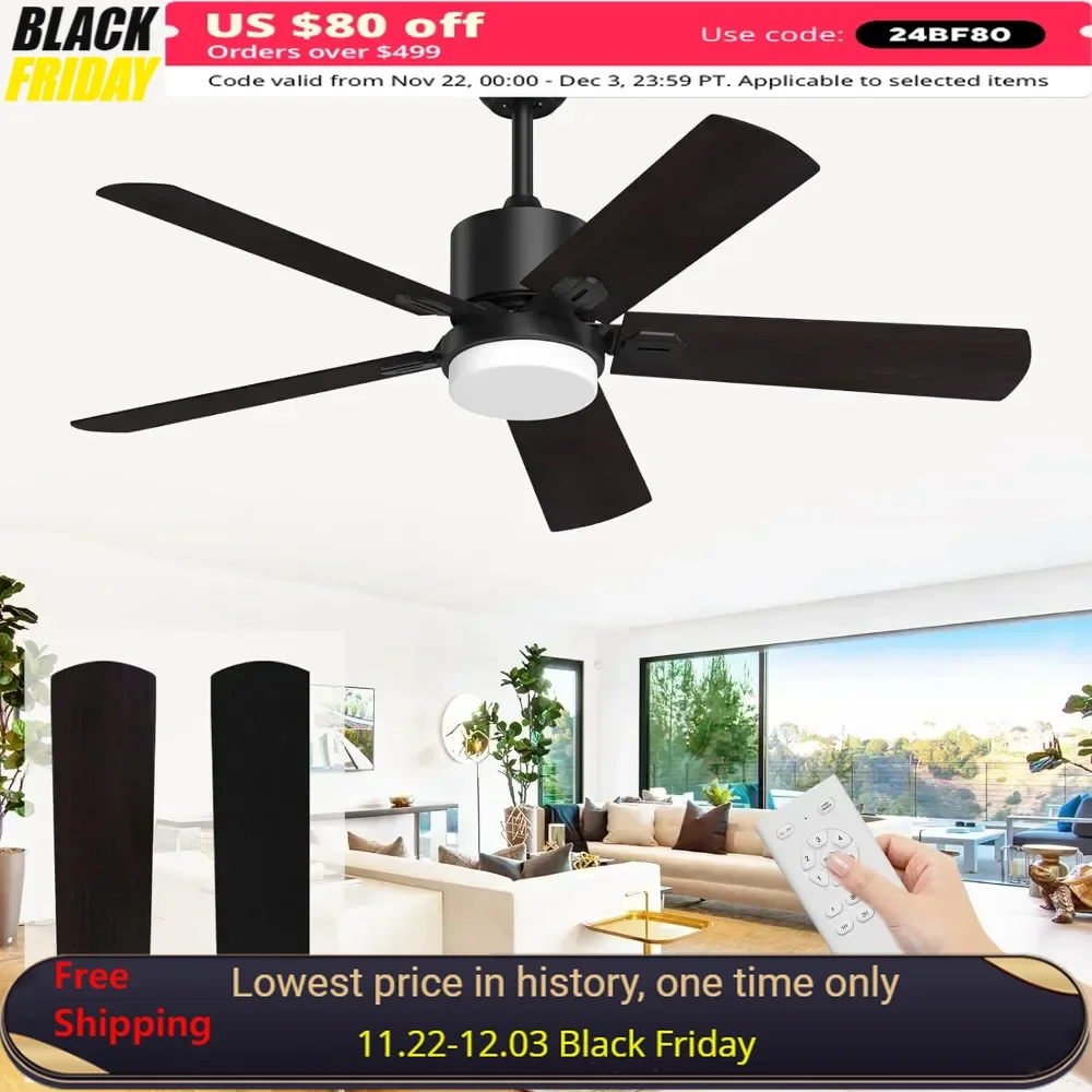 Ceiling Fans, Adjustable Light 6 Speed Reversible DC Motor, 5 Blades Fan for Patio Bedroom Porch, 52 Inch, Ceiling Fan