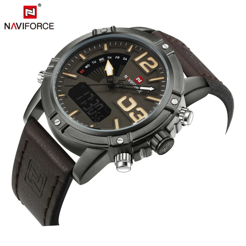 NAVIFORCE Luxus Marke männer Sport Uhren Männer Dual Display LED Digital Wasserdichte Lederband Quarz Militär Uhr Mann Uhr